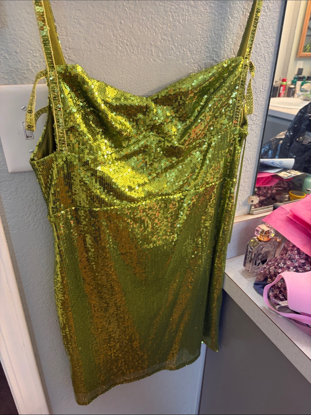 Blue Blush Green Sequin Mini Dress with sweetheart neckline